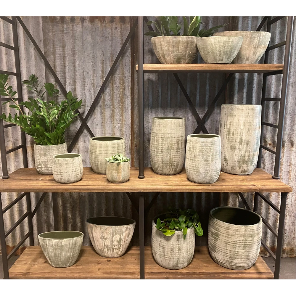 Bloempot Miami Ovaal - L33 X D13 X H24cm - Groen Cement - Afbeelding 2